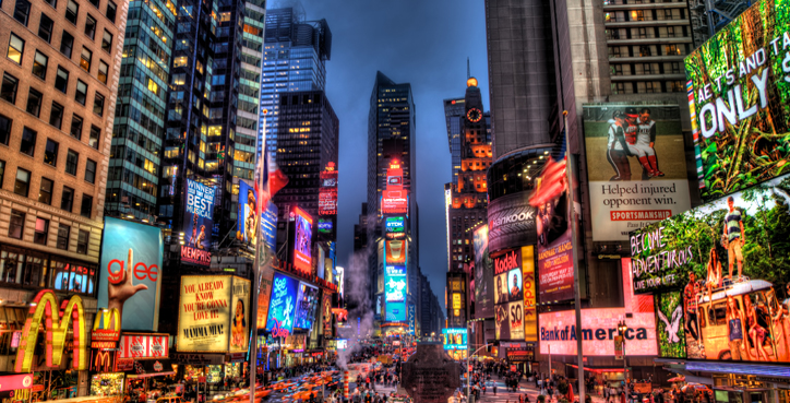 HDR photo of Times Square in New York City at night.